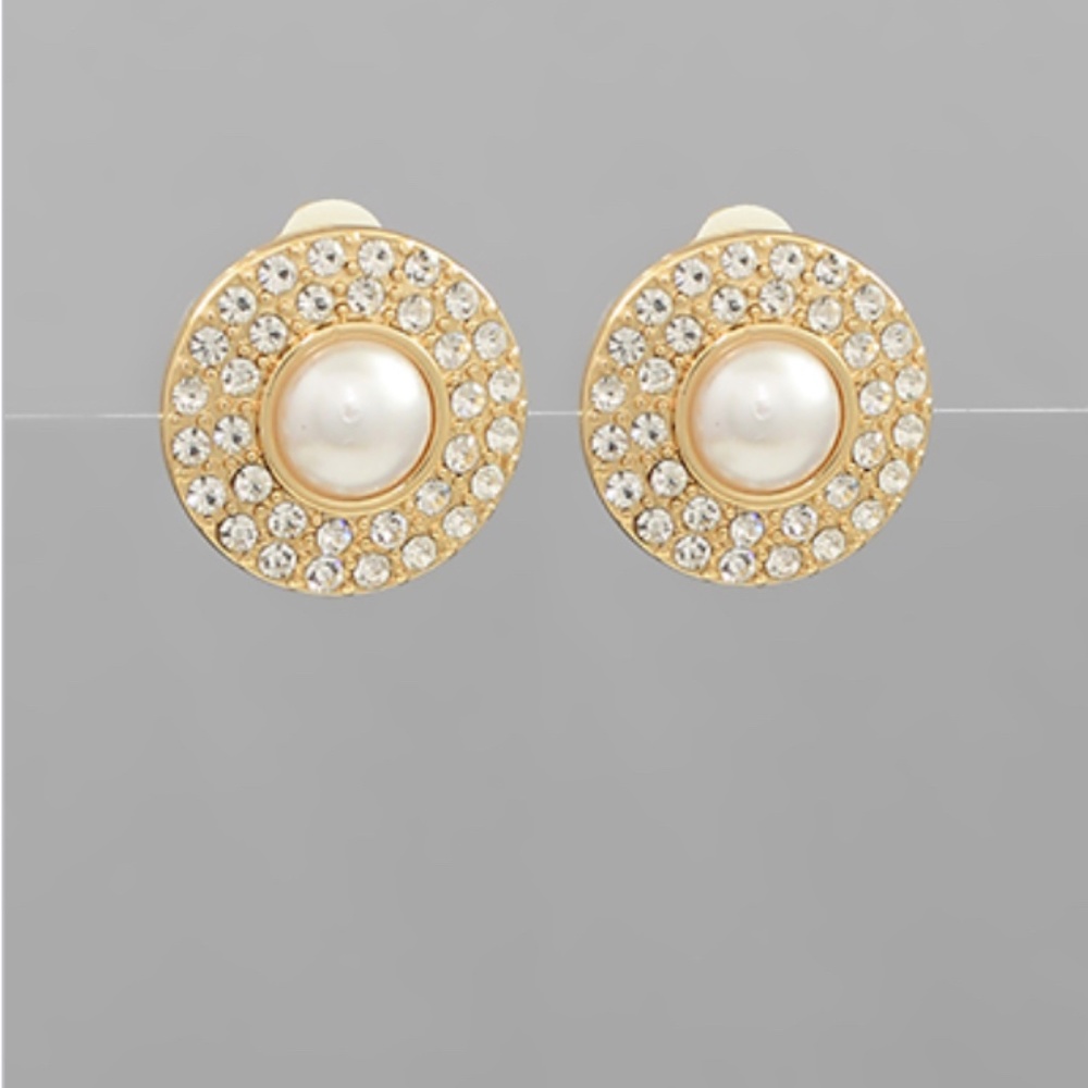 Pave & Pearl Round Clip on Earrings